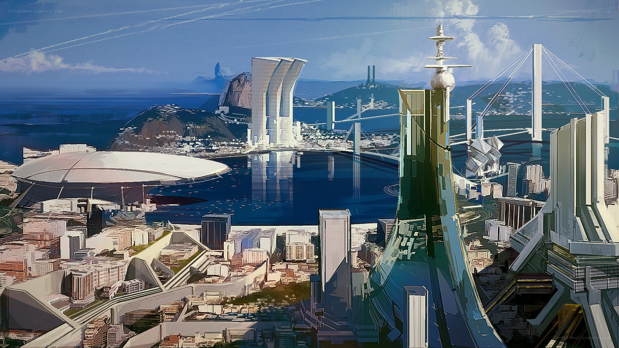 futuristic cityscape by the sea