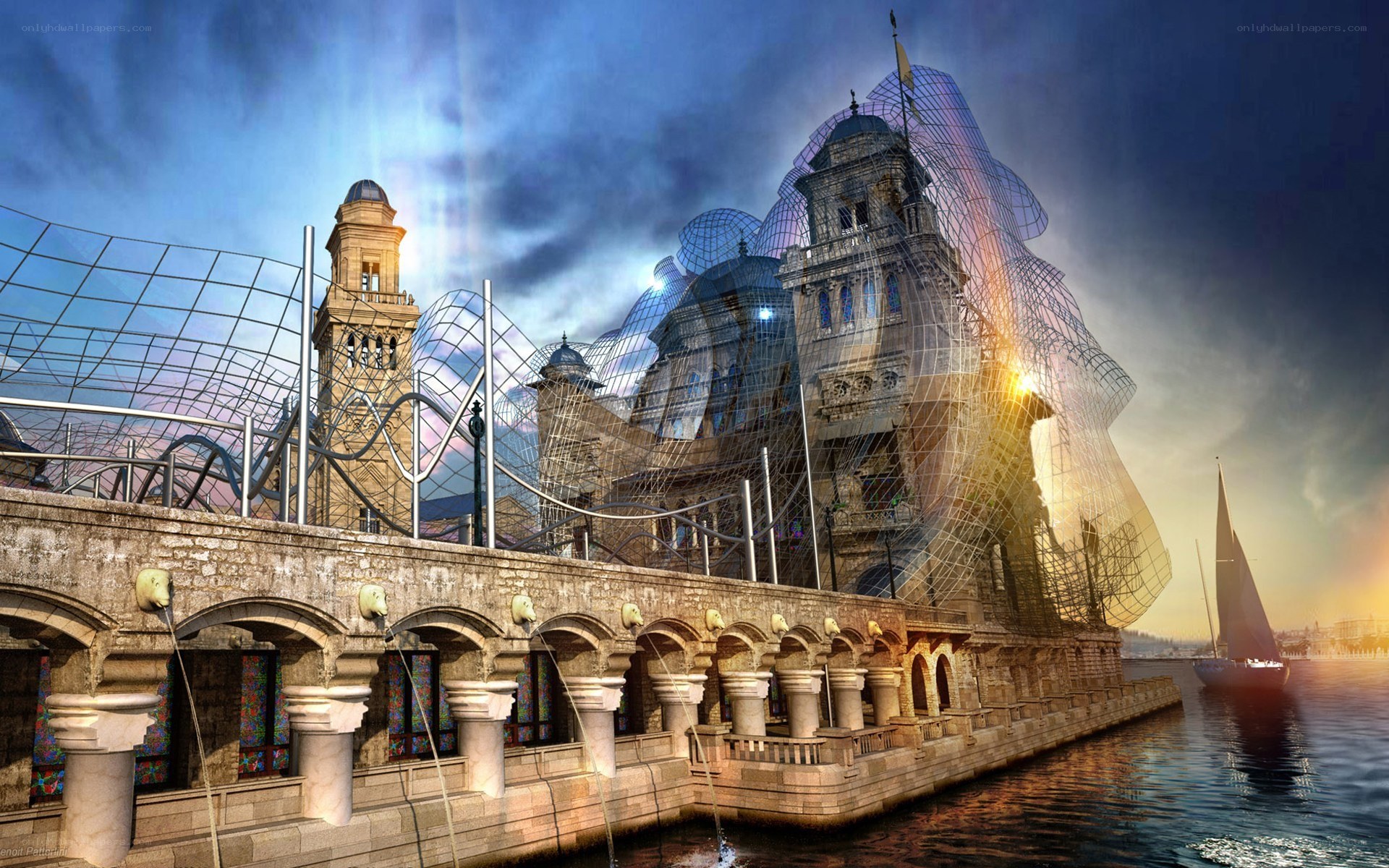 futuristic cityscape by water
