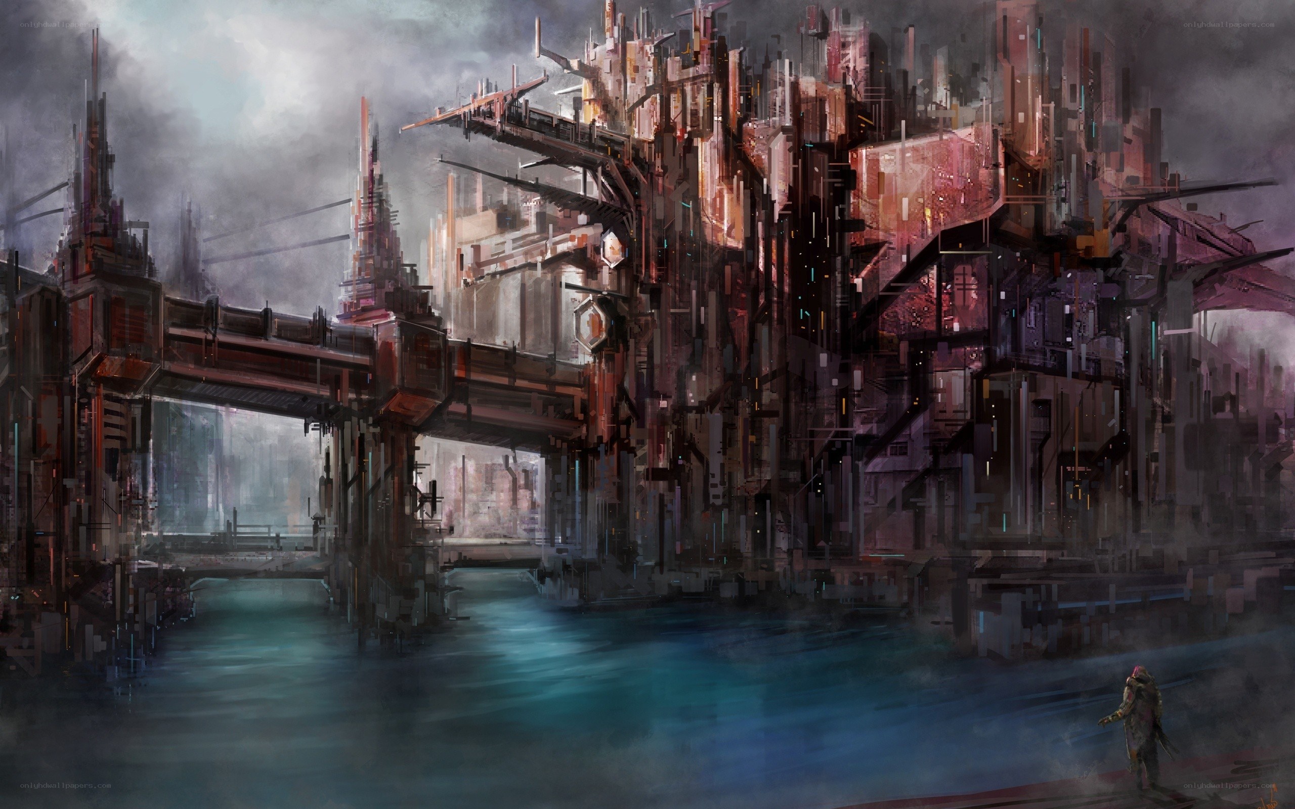 futuristic cityscape by water