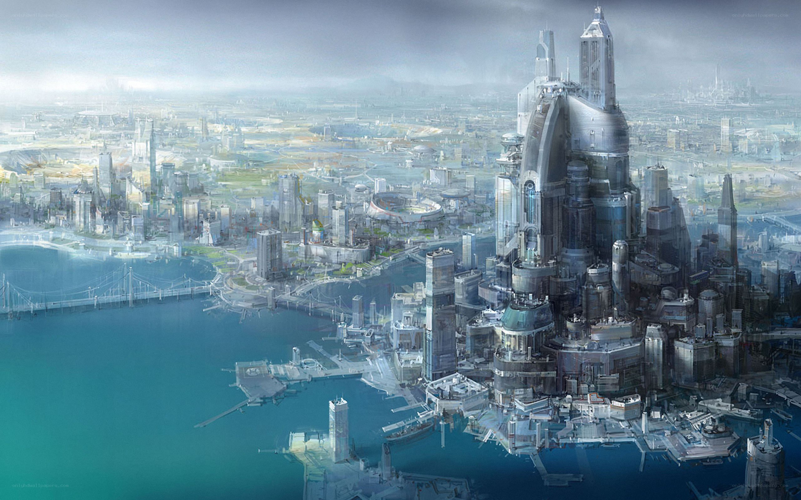 futuristic cityscape by water
