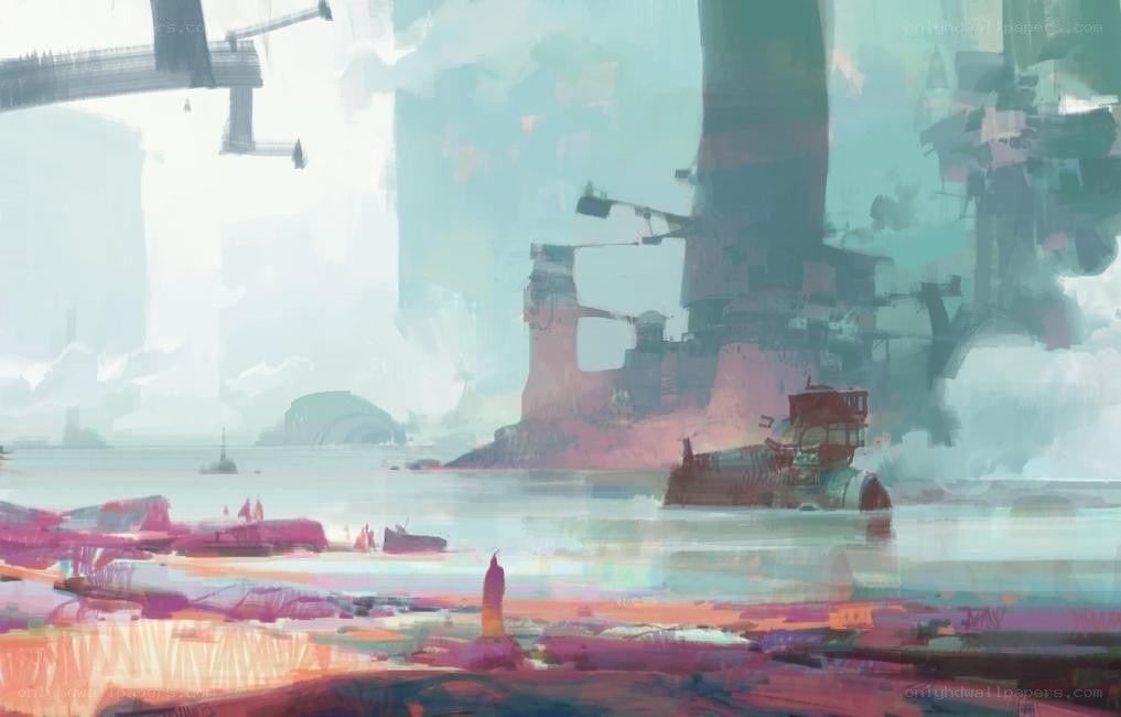futuristic cityscape by water