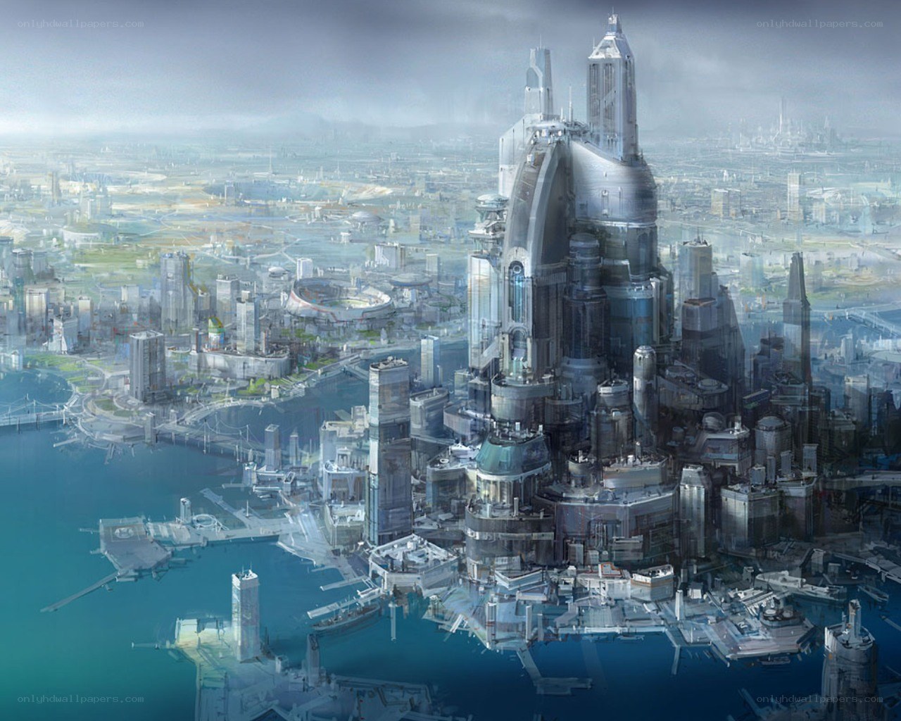 futuristic cityscape by water