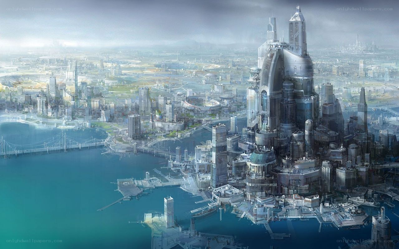 futuristic cityscape by water