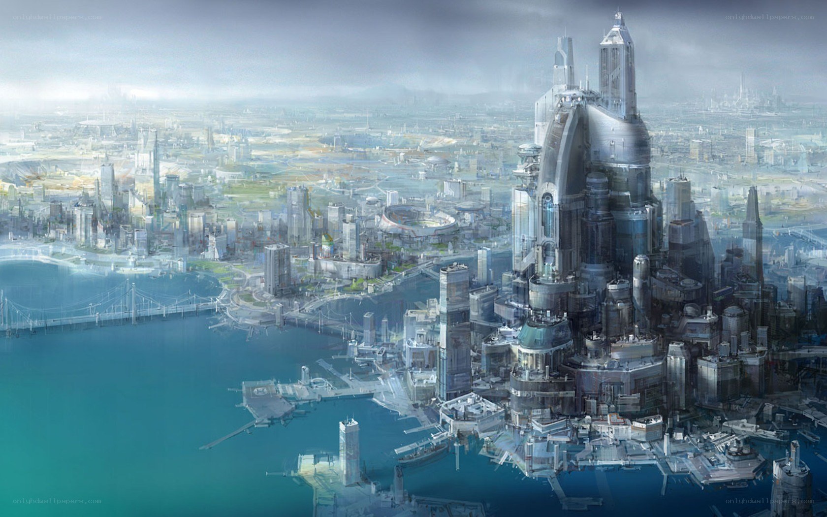 futuristic cityscape by water