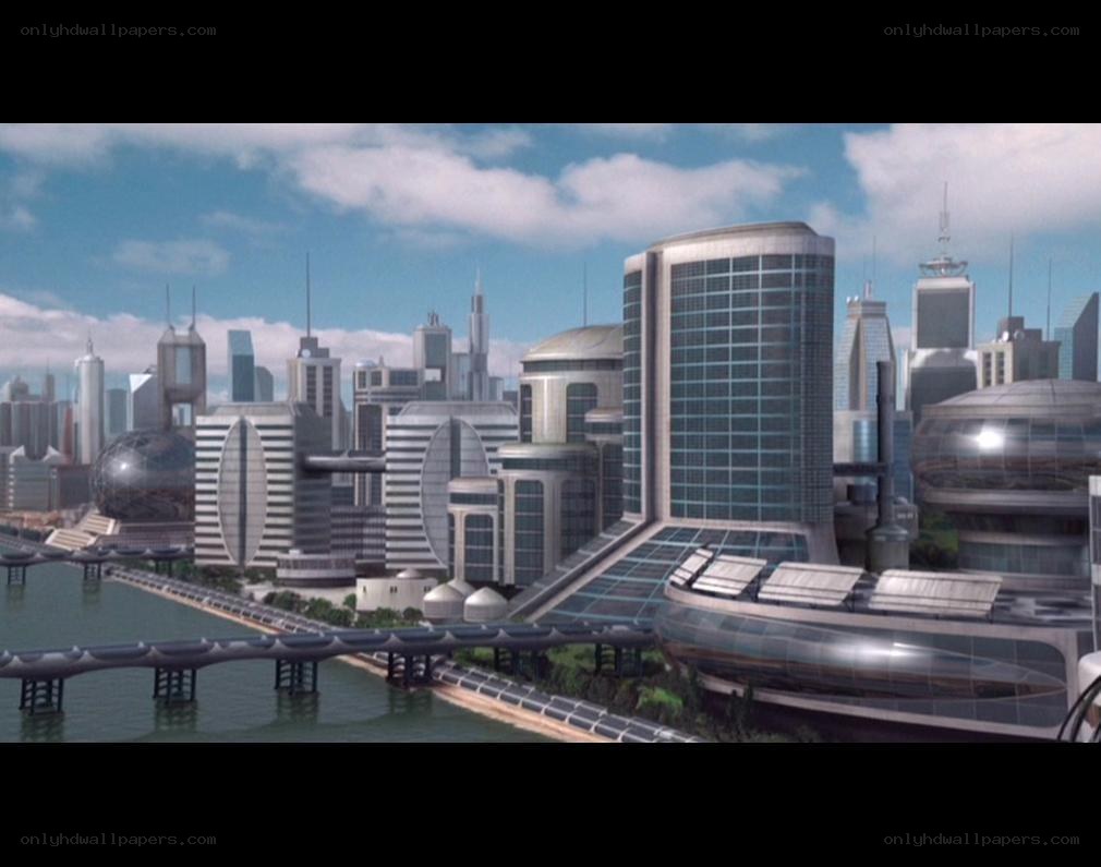 futuristic cityscape by water
