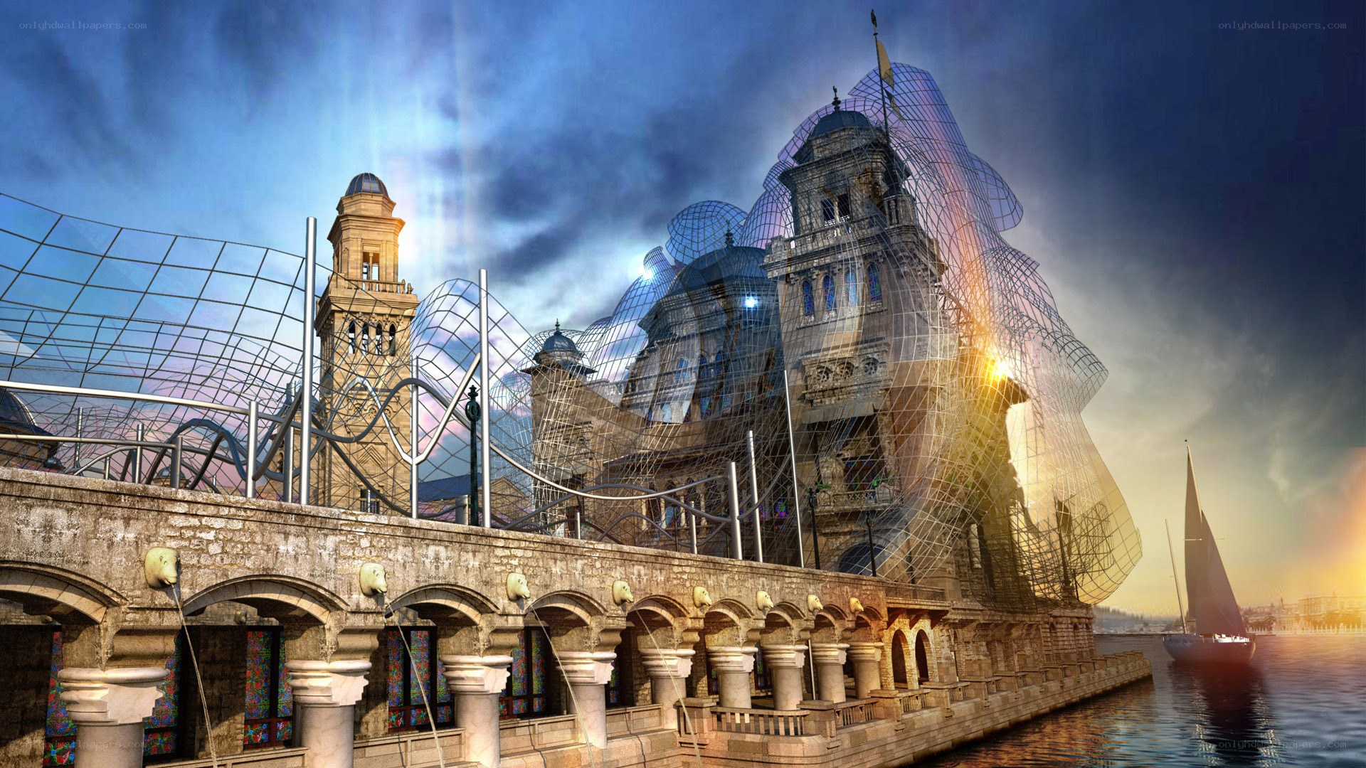 futuristic cityscape by water