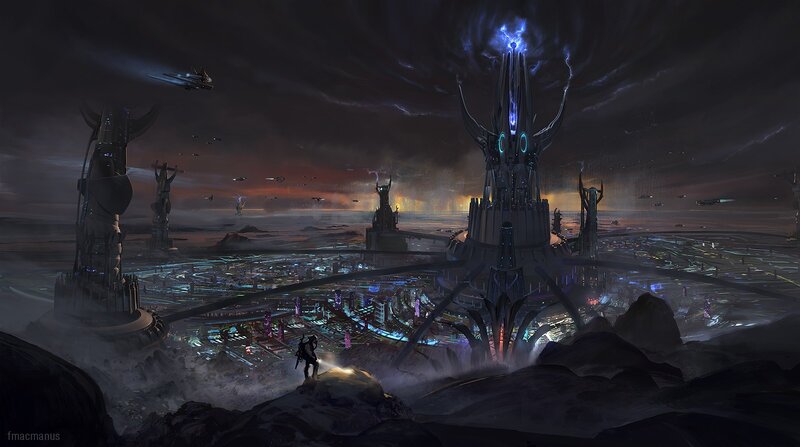 Futuristic Cityscape — Dark Blue, Dramatic