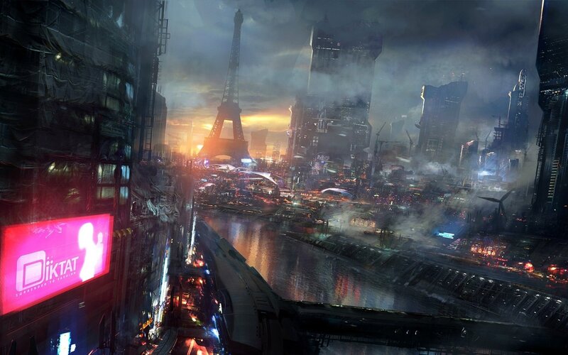 Futuristic Cityscape — Dark, Dramatic, Sunset