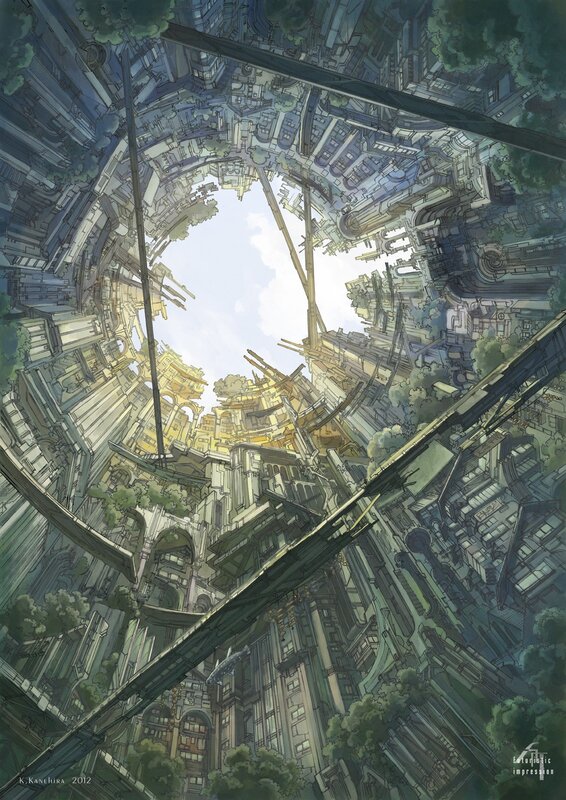 futuristic cityscape from below