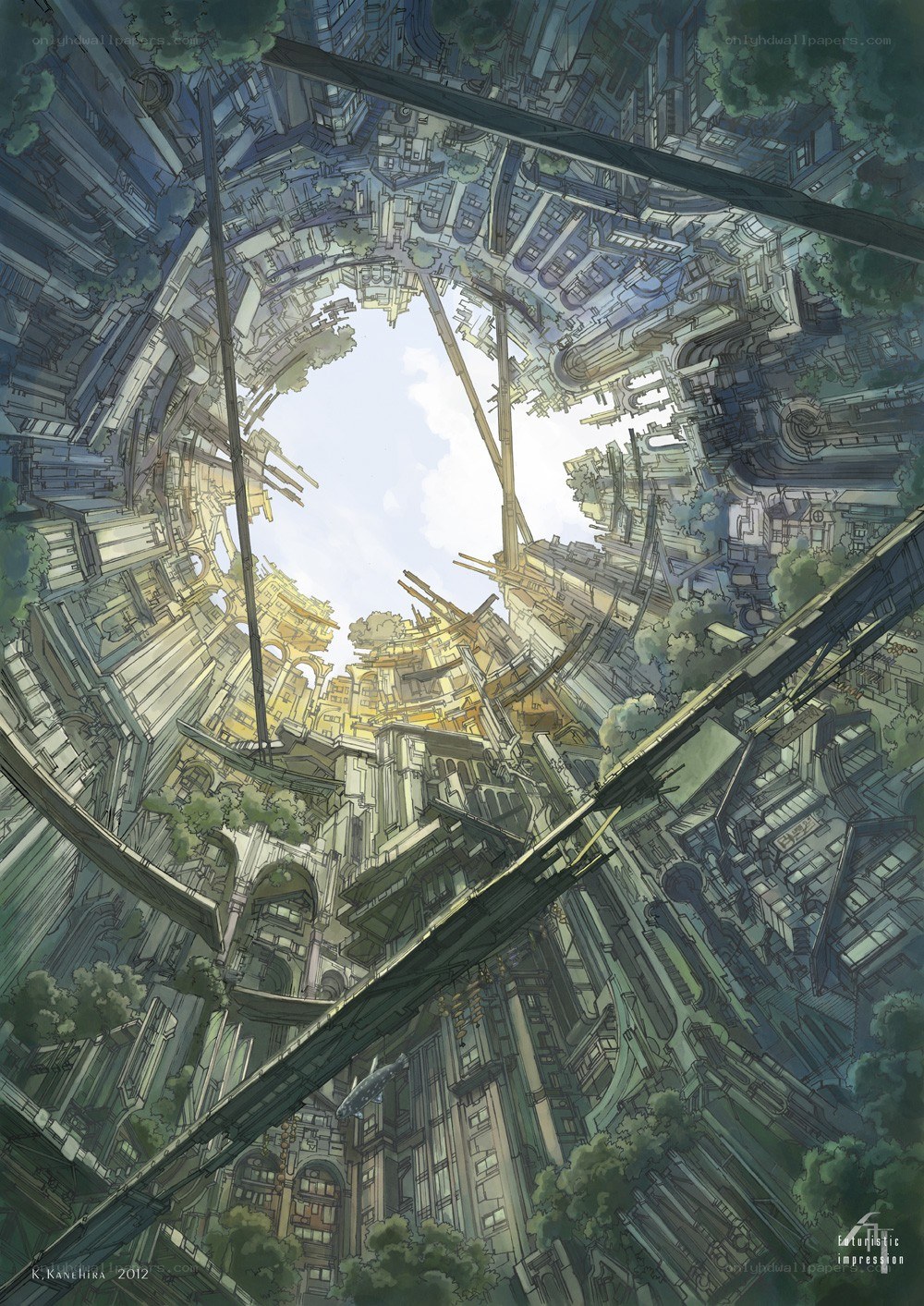futuristic cityscape from below