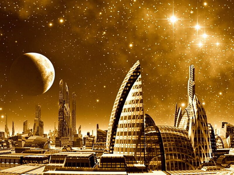 Futuristic Cityscape — Gold, Dramatic, Night, Digital Art