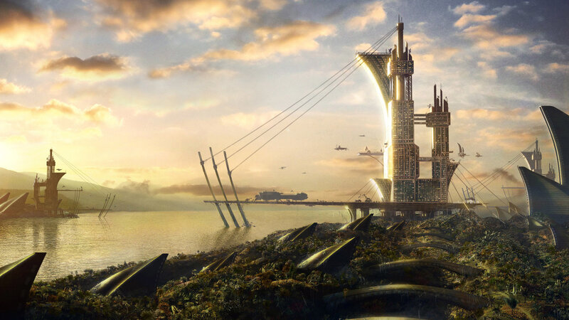 Futuristic Cityscape — Gold, Dramatic, Sunset, Digital Art, Bridge, Ships
