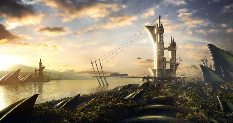 Futuristic Cityscape — Gold, Dramatic, Sunset, Digital Art, Bridge