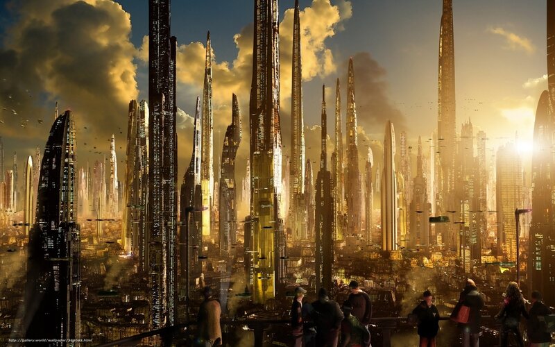 Futuristic Cityscape — Gold, Dramatic, Sunset, Digital Art, Skyscrapers, People