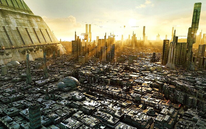 Futuristic Cityscape — Gold, Dramatic, Sunset, Digital Art, Skyscrapers, Solar Flare