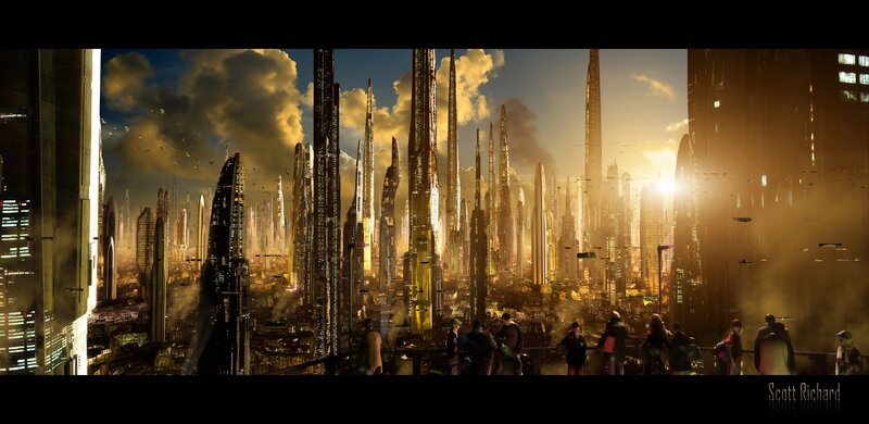 Futuristic Cityscape — Gold, Dramatic, Sunset, Digital Art, Skyscrapers