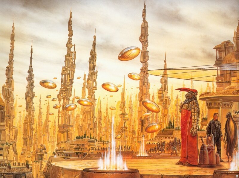 Futuristic Cityscape — Gold, Dramatic, Sunset, Illustration