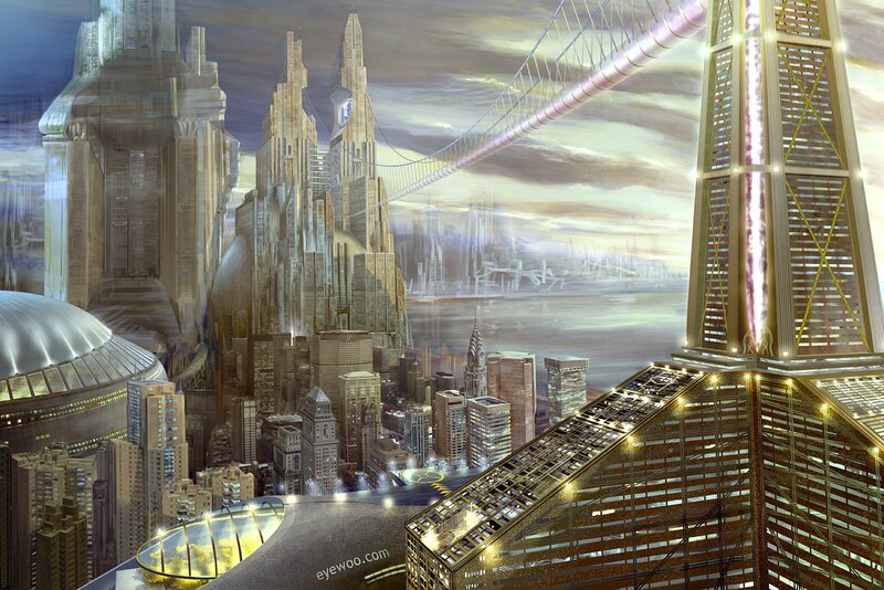 Futuristic Cityscape — Gold, Dramatic, Sunset