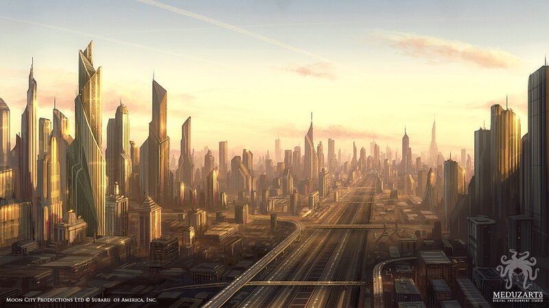 Futuristic Cityscape — Gold, Serene, Sunset