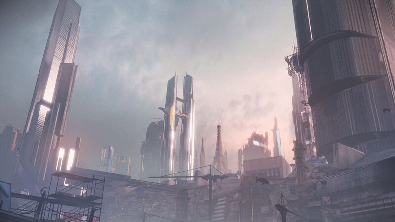 Futuristic Cityscape — Gray, Atmospheric, Sunset