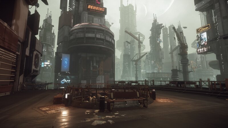 Futuristic Cityscape — Gray, Dramatic, 3d Render, Skyscrapers, Cranes