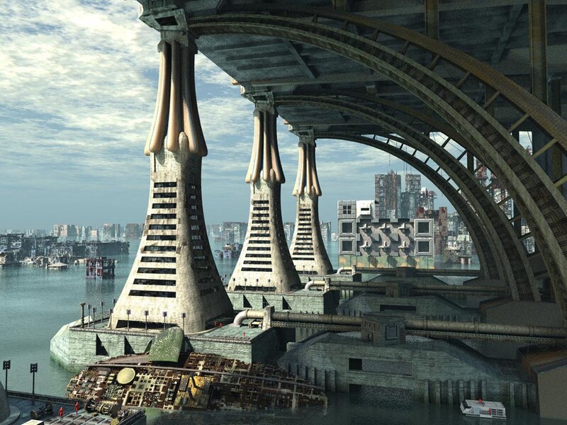 Futuristic Cityscape — Gray, Dramatic, Afternoon, 3d Render, Bridge, Skyscrapers