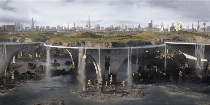 Futuristic Cityscape — Gray, Dramatic, Afternoon, 3d Render, Bridge, Waterfall