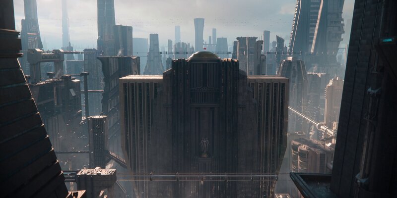 Futuristic Cityscape — Gray, Dramatic, Afternoon, 3d Render, Skyscrapers, Statue