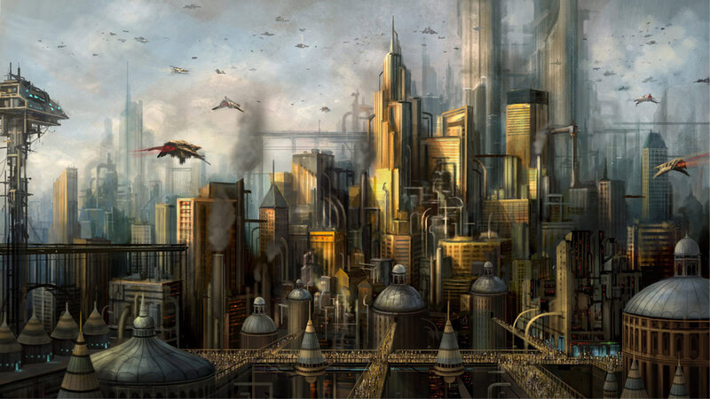 Futuristic Cityscape — Gray, Dramatic, Afternoon, Digital Art, Aircraft, Smoke, Skyscrapers