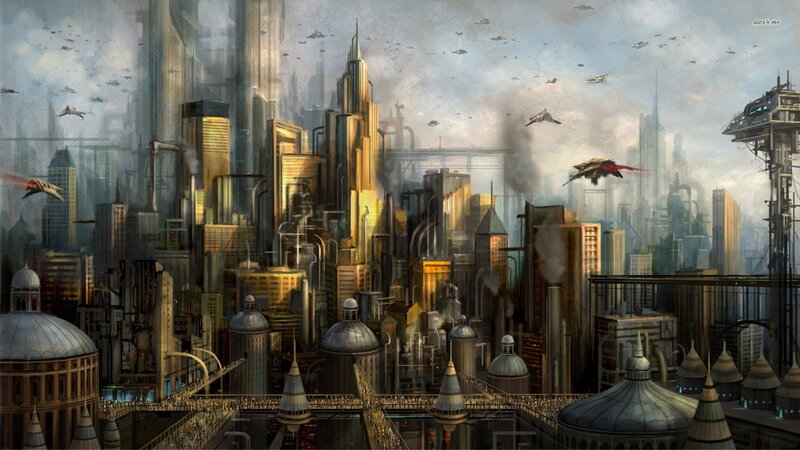 Futuristic Cityscape — Gray, Dramatic, Afternoon, Digital Art, Aircraft, Smoke