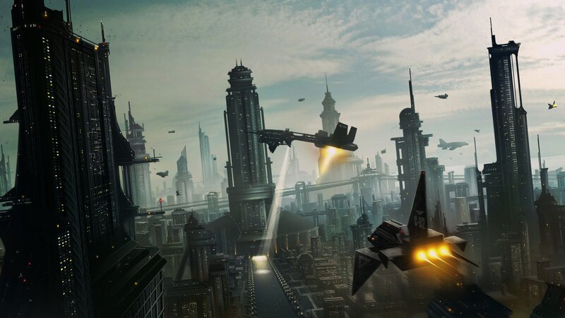 Futuristic Cityscape — Gray, Dramatic, Afternoon, Digital Art, Aircraft