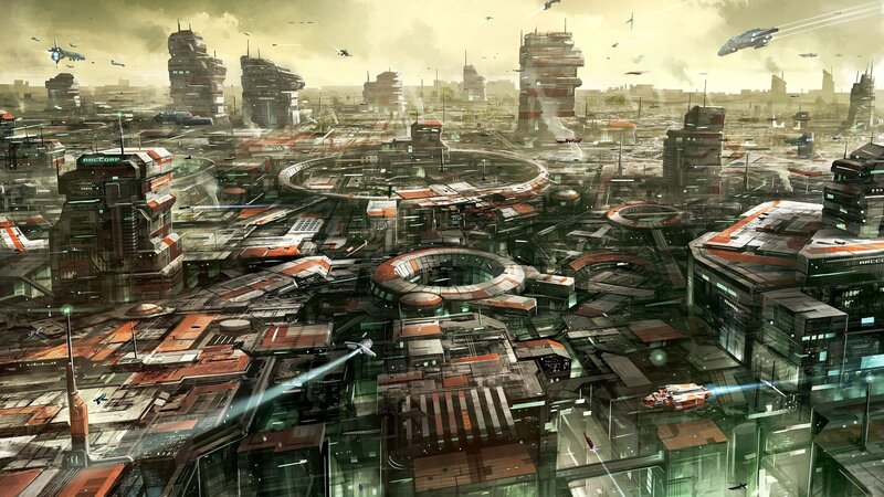 Futuristic Cityscape — Gray, Dramatic, Afternoon, Digital Art, Buildings, Aircraft