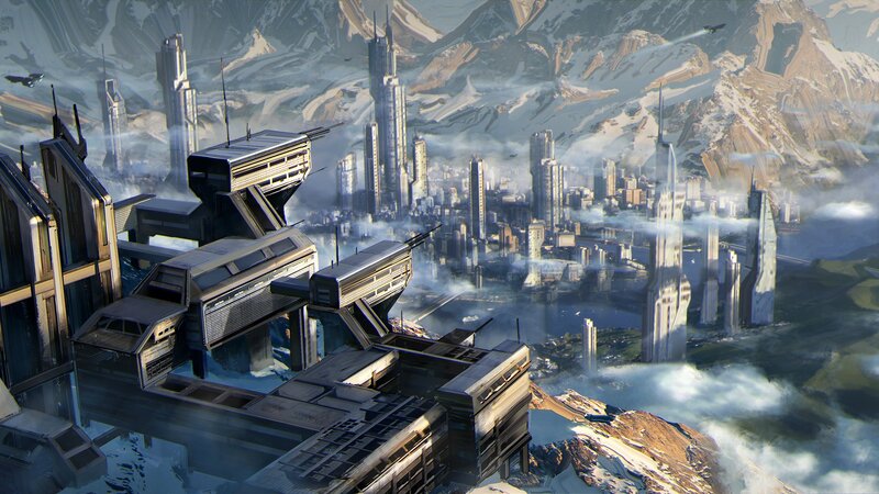 Futuristic Cityscape — Gray, Dramatic, Afternoon, Digital Art, Mountains