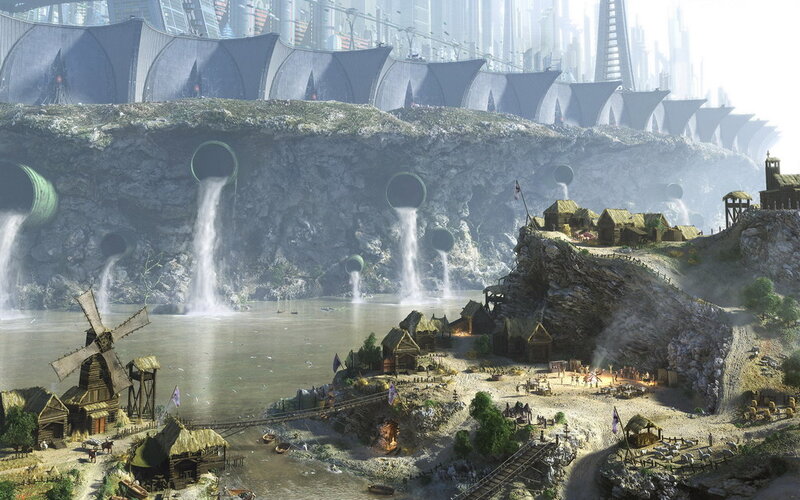 Futuristic Cityscape — Gray, Dramatic, Afternoon, Digital Art, River