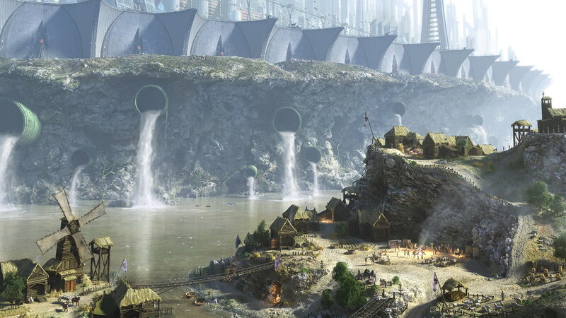 Futuristic Cityscape — Gray, Dramatic, Afternoon, Digital Art, River, Village, Windmill, Brown, Green