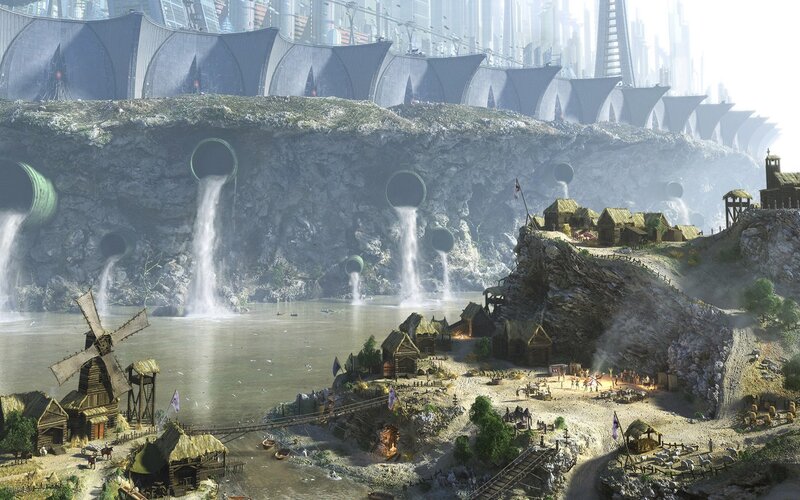 Futuristic Cityscape — Gray, Dramatic, Afternoon, Digital Art, River, Windmill, Tents