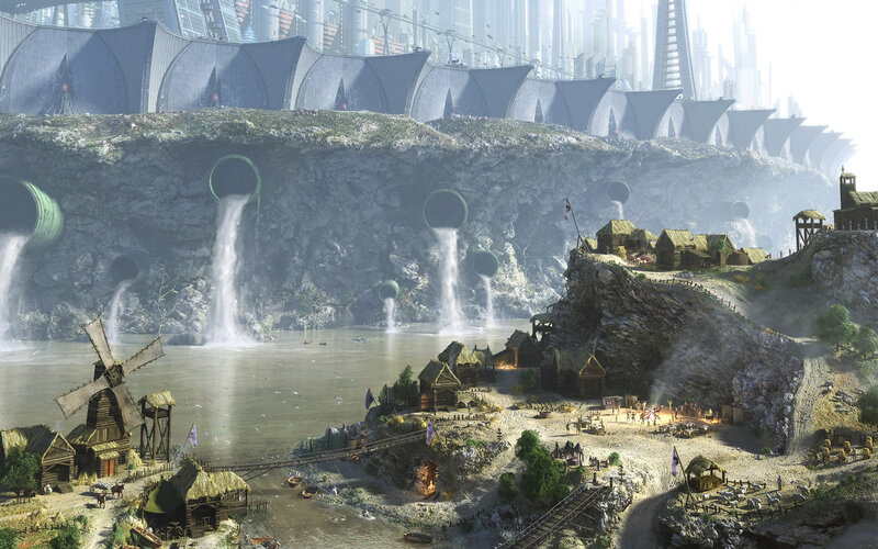 Futuristic Cityscape — Gray, Dramatic, Afternoon, Digital Art, River, Windmill