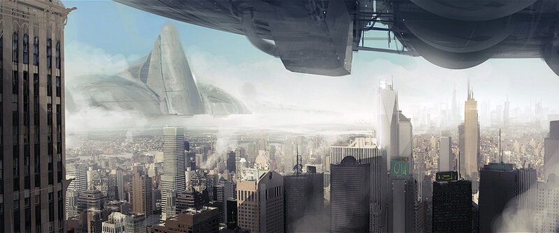 Futuristic Cityscape — Gray, Dramatic, Afternoon, Digital Art, Skyscrapers, Airship