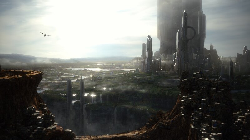 Futuristic Cityscape — Gray, Dramatic, Afternoon, Digital Art, Skyscrapers, Cliffs, Aircraft