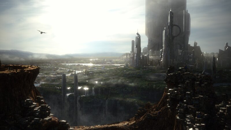 Futuristic Cityscape — Gray, Dramatic, Afternoon, Digital Art, Skyscrapers, Cliffs