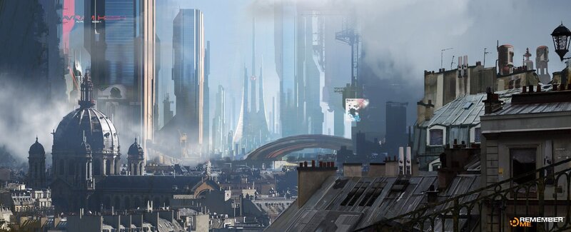 Futuristic Cityscape — Gray, Dramatic, Afternoon, Digital Art, Skyscrapers, Dome Building, Smoke