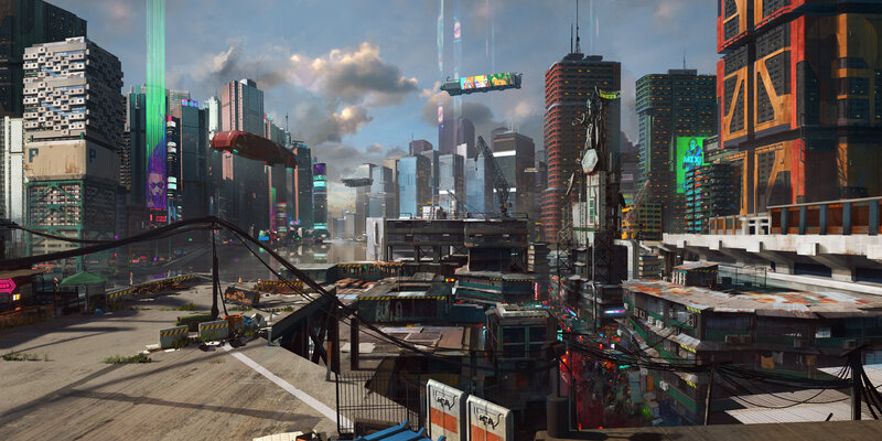 Futuristic Cityscape — Gray, Dramatic, Afternoon, Digital Art, Skyscrapers, Flying Cars
