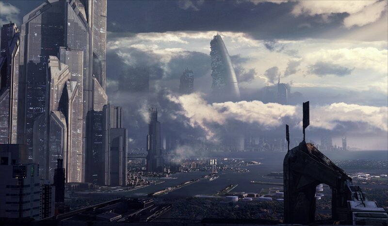 Futuristic Cityscape — Gray, Dramatic, Afternoon, Digital Art, Skyscrapers, River, Clouds