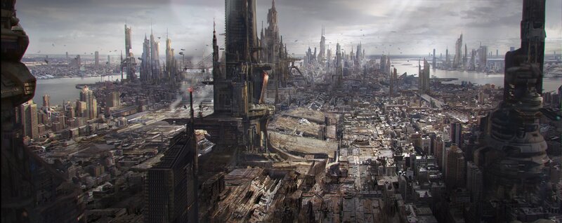 Futuristic Cityscape — Gray, Dramatic, Afternoon, Digital Art, Skyscrapers, River
