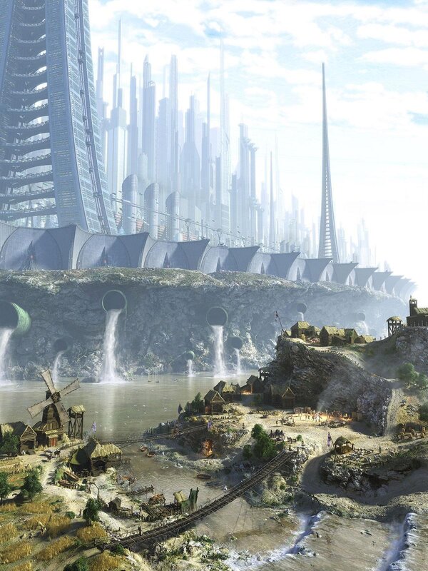 Futuristic Cityscape — Gray, Dramatic, Afternoon, Digital Art, Skyscrapers, River, Village