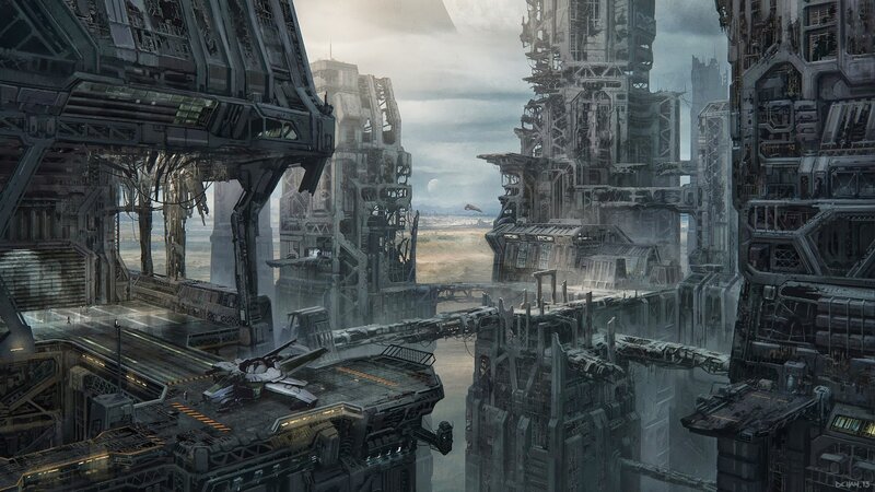 Futuristic Cityscape — Gray, Dramatic, Afternoon, Digital Art, Skyscrapers, Spaceship