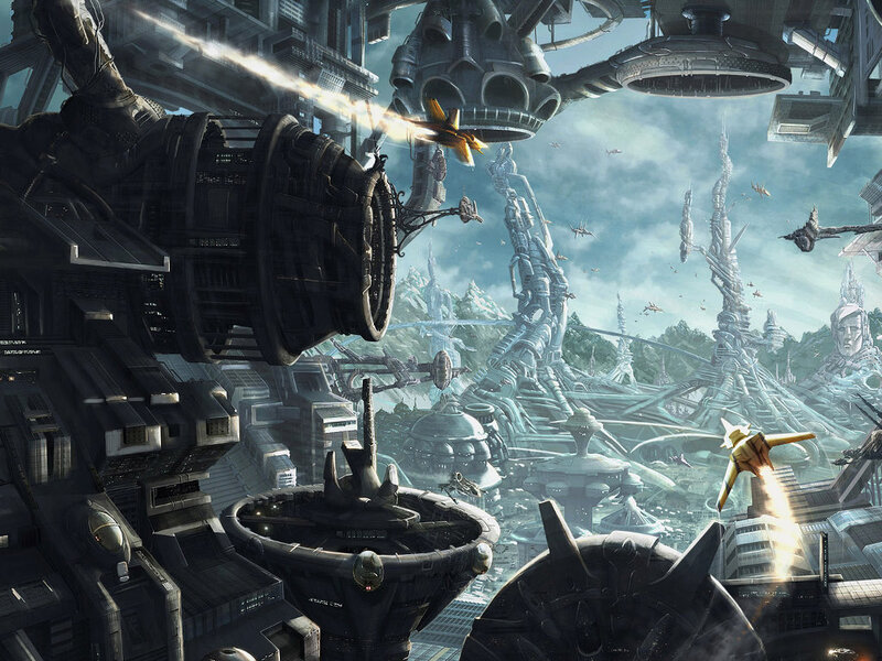 Futuristic Cityscape — Gray, Dramatic, Afternoon, Digital Art, Spaceships, Aircraft