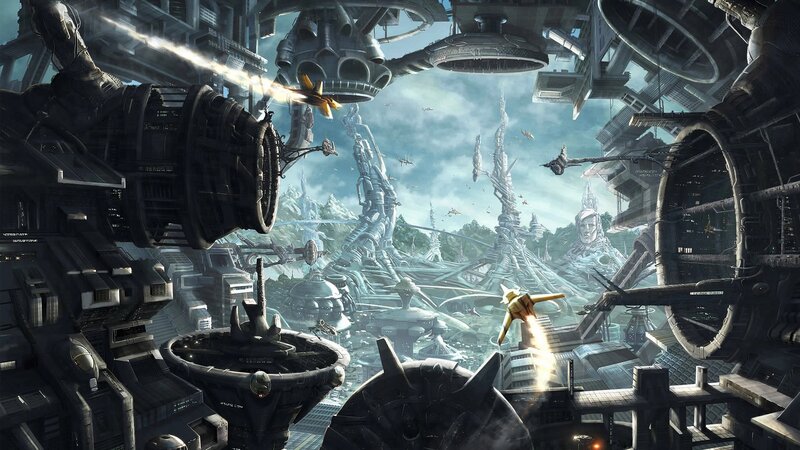 Futuristic Cityscape — Gray, Dramatic, Afternoon, Digital Art, Spaceships, Mechs