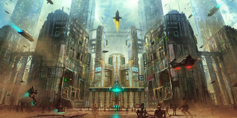 Futuristic Cityscape — Gray, Dramatic, Afternoon, Digital Art, Spaceships, Robots