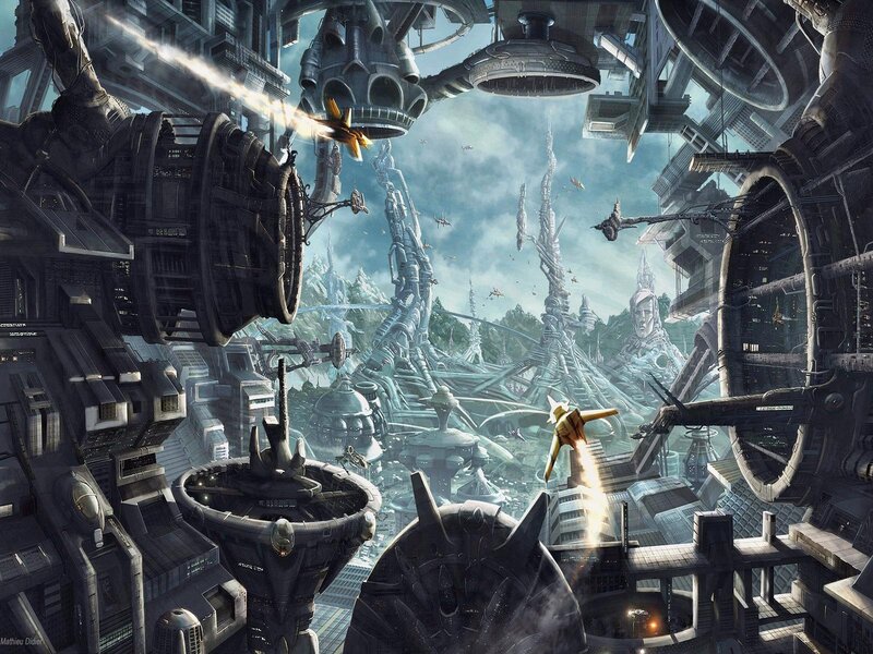 Futuristic Cityscape — Gray, Dramatic, Afternoon, Digital Art, Spaceships, Skyscrapers, Clouds, Blue